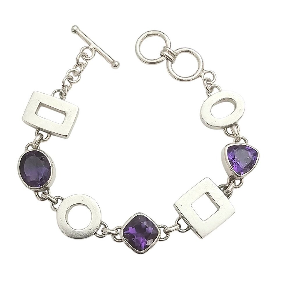 Sterling Silver Amethyst Chunky Bracelet Squares O’s, Trillion Links J334